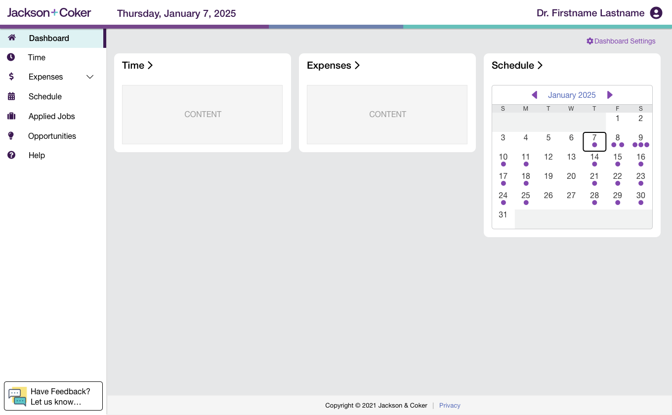 Early desktop wireframe with time, expenses, schedule, and monthly calendar panels