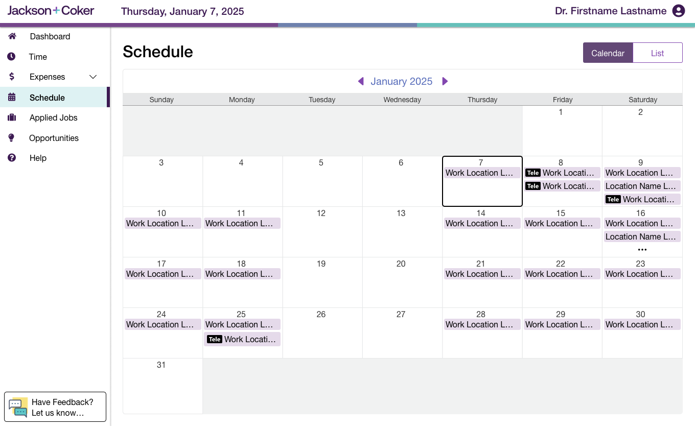 Desktop month-view schedule populated with work-location events