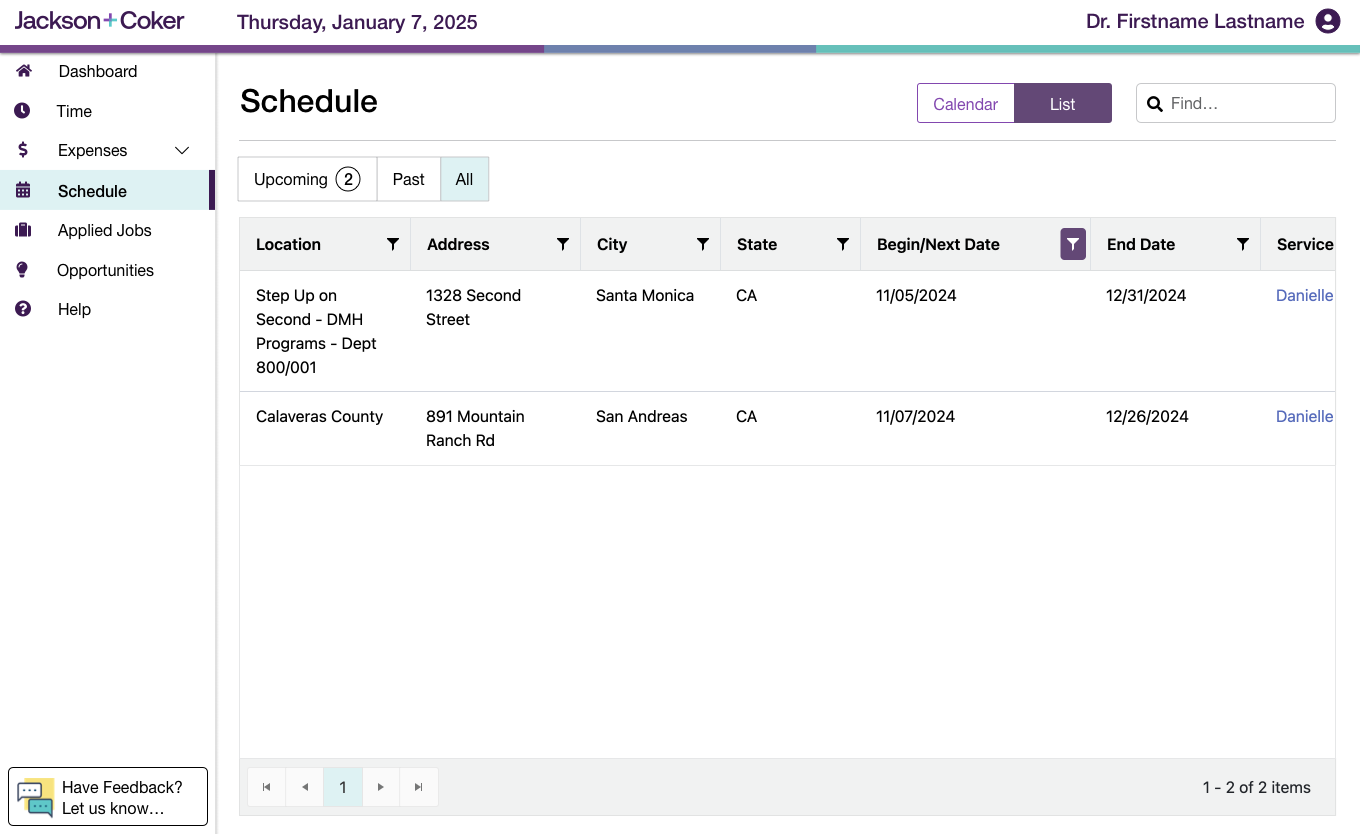 Desktop list-view schedule with assignment dates, location, and status columns
