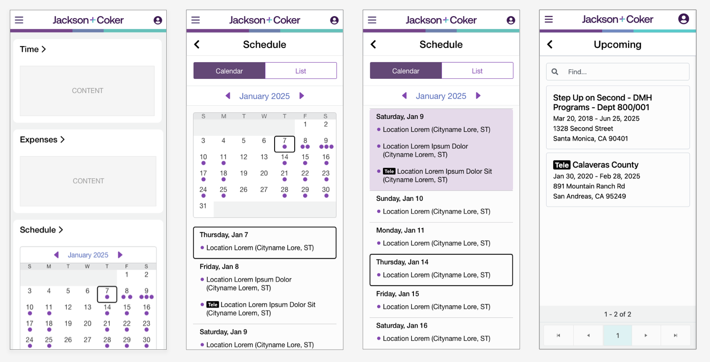 Mobile wireframes for schedule overview, month view, agenda, and event details