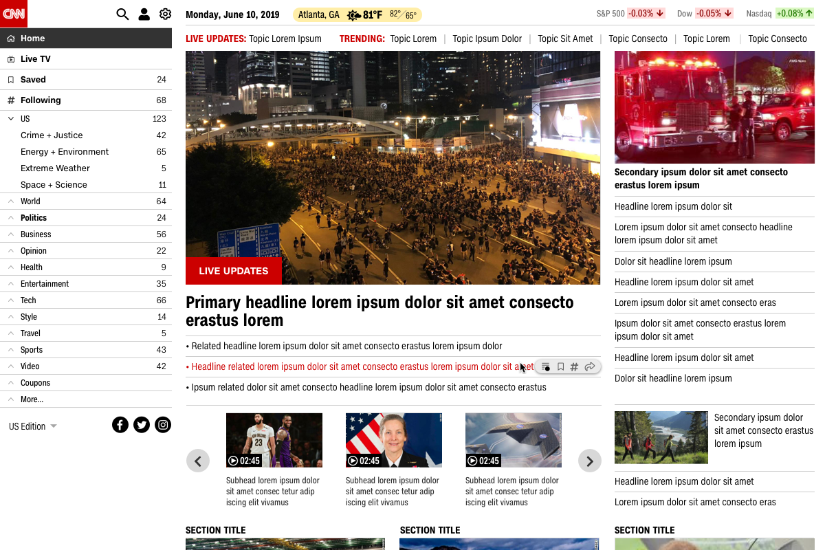 Desktop news homepage with navigation, lead story, live updates, and related stories