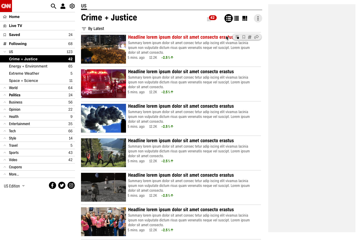 Desktop Crime and Justice topic page with a vertical article feed