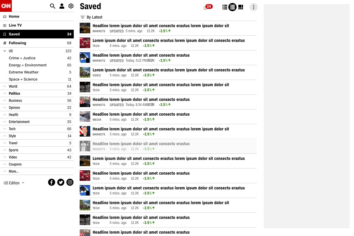 Desktop saved-stories page in a compact list layout