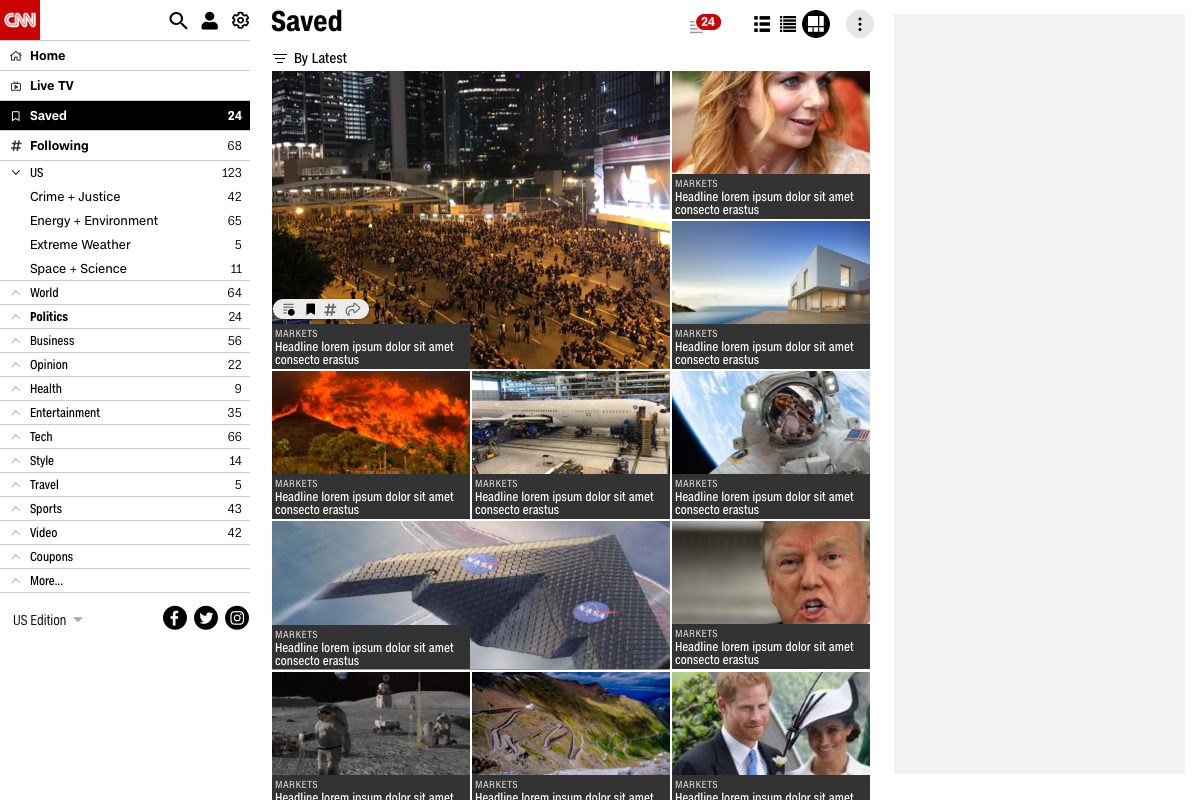 Desktop saved-stories page in a visual card grid