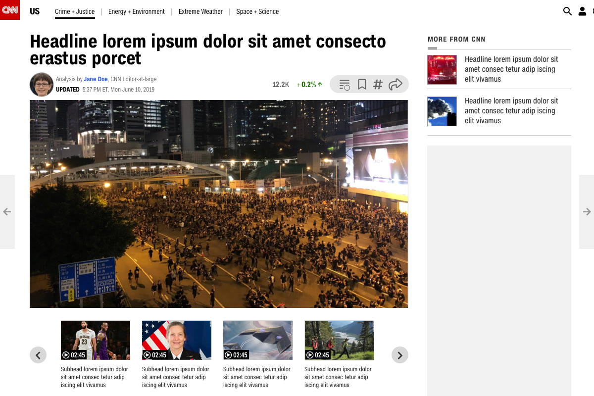 Desktop article page with lead photograph, story tools, and related content