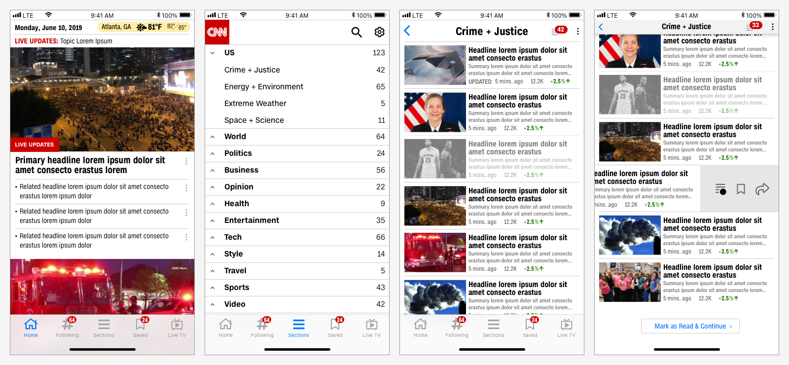 Mobile concepts for the homepage, section navigation, and topic feed