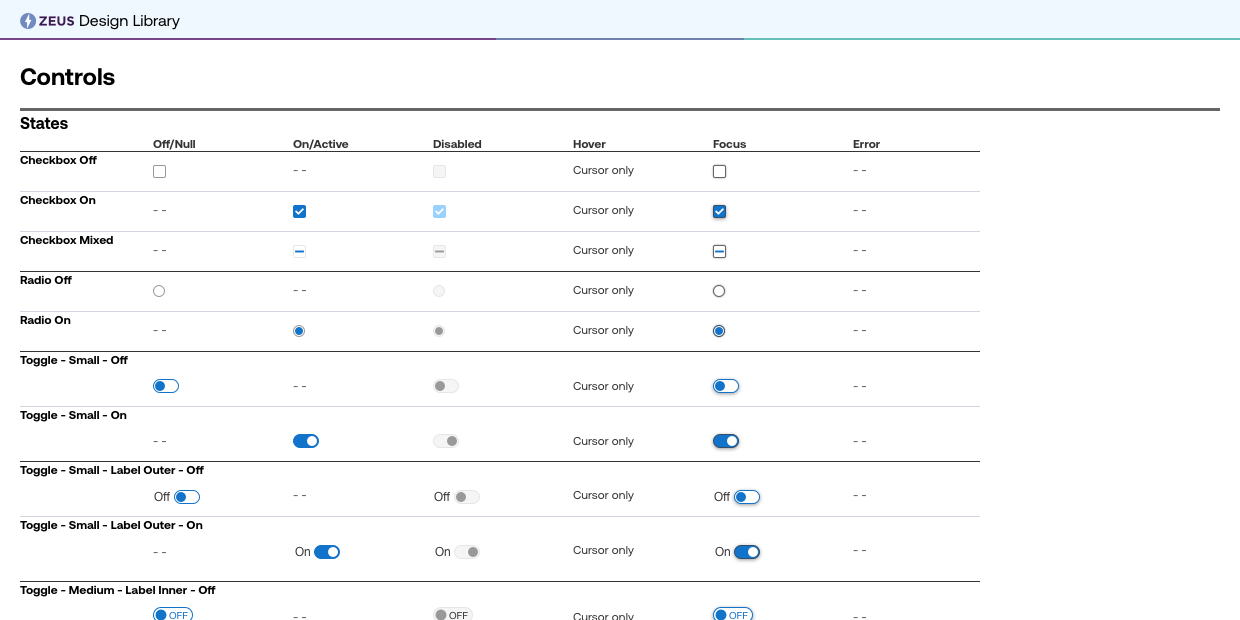 Form-control library showing checkboxes, radio buttons, and toggle states