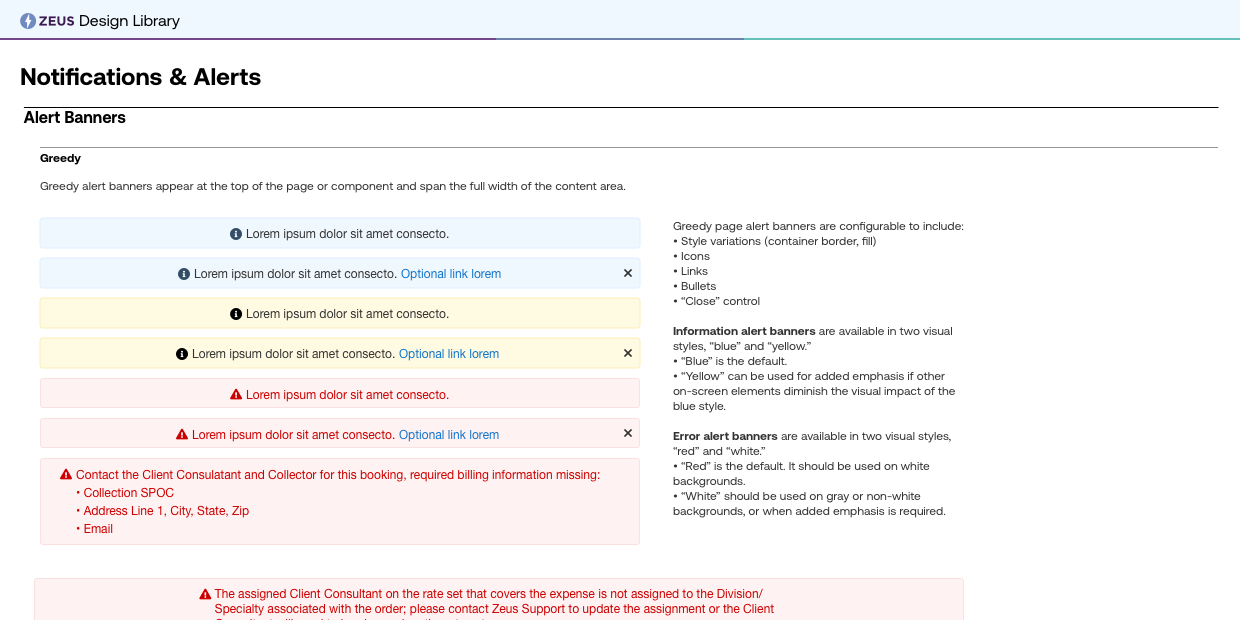Notification and alert guidance with informational, warning, and error examples