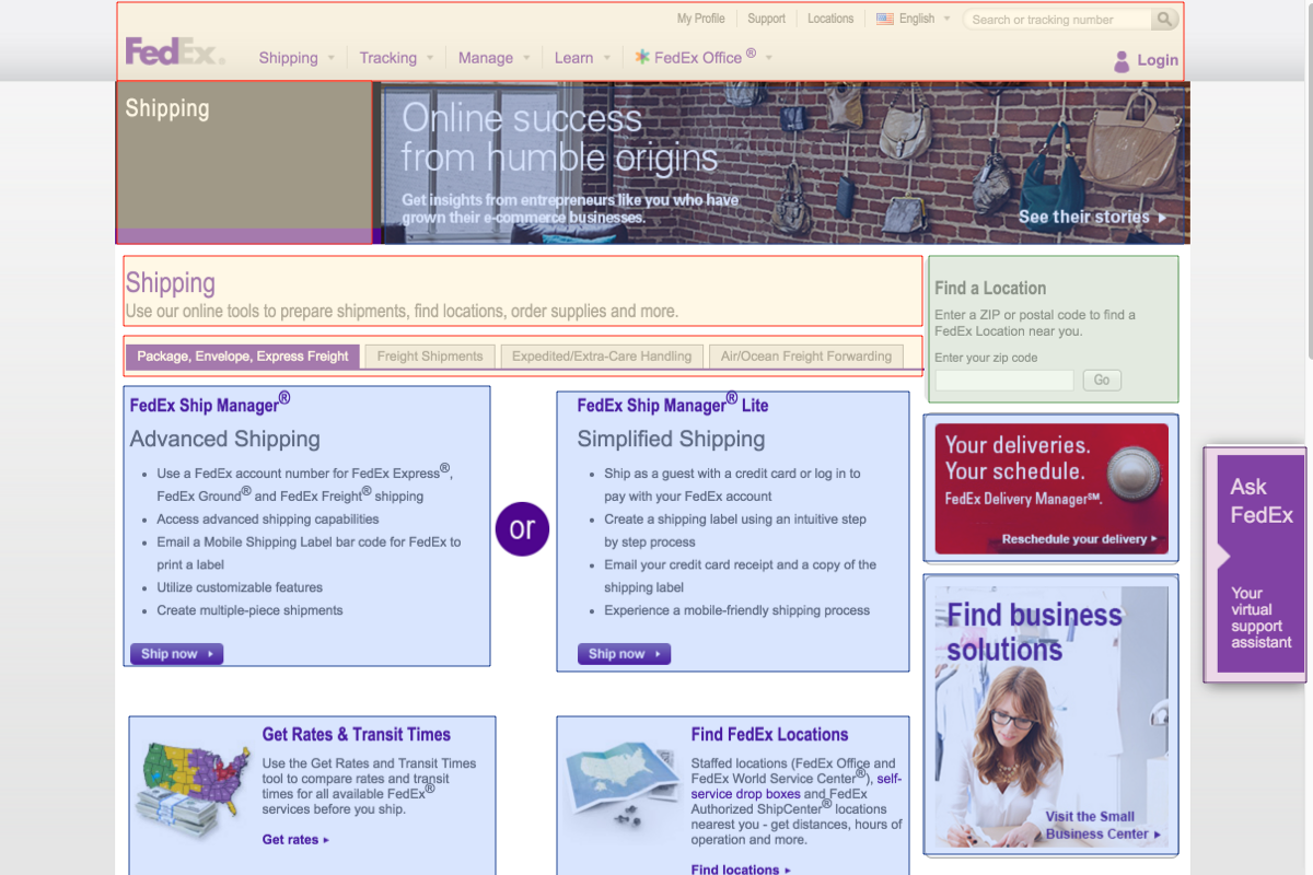 Legacy FedEx Shipping page annotated as a page and component inventory