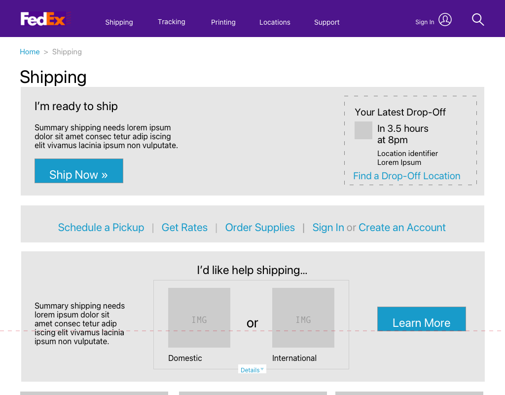 Redesigned FedEx Shipping landing-page prototype prepared for AEM integration
