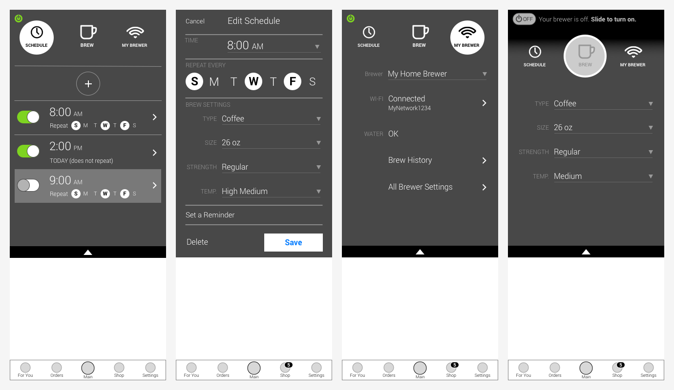 Mobile brewer settings for temperature, scheduling, maintenance, and beverage preferences