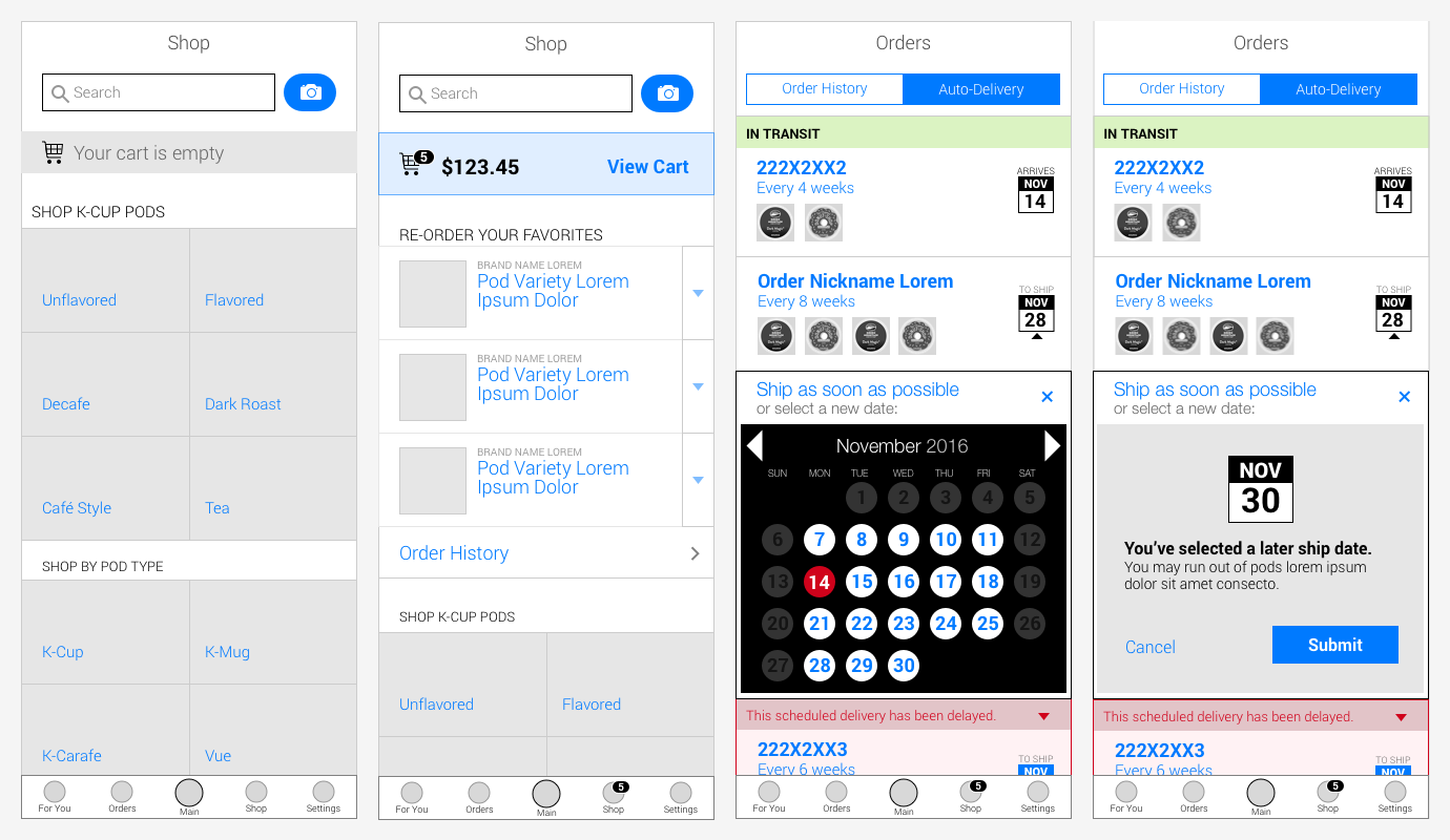 Mobile shopping-cart flow from empty cart through delivery-date confirmation