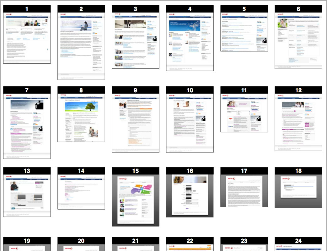 Inventory of 24 competitor website screens used for comparative analysis