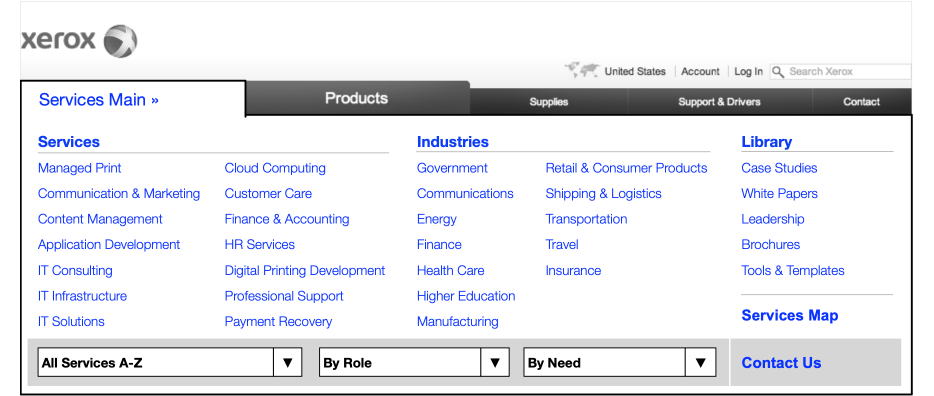 Expanded Xerox Services navigation organized by service, industry, and resource type