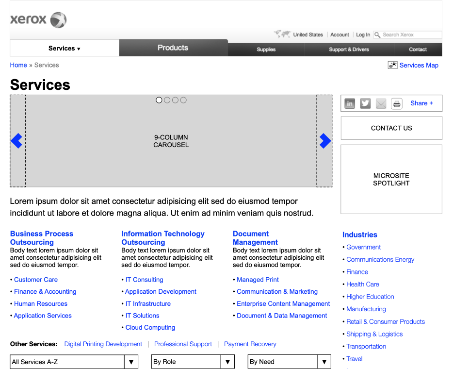 Xerox Services landing-page wireframe with carousel and service-category links