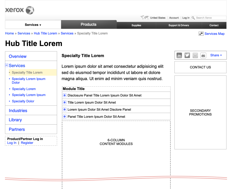 Xerox specialty-detail wireframe with content modules and promotional sidebars