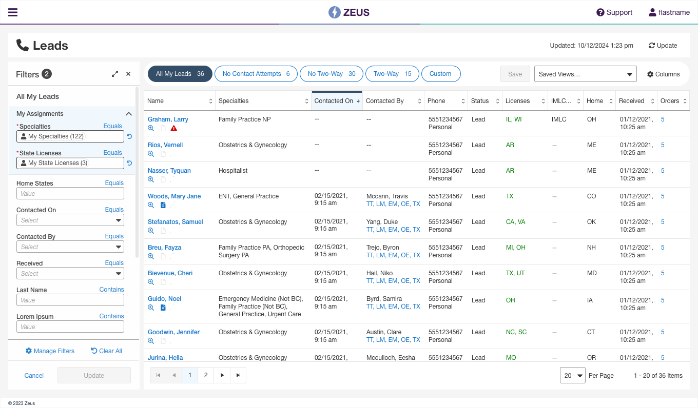 Zeus lead-processing table with filter controls, provider rows, and performance metrics