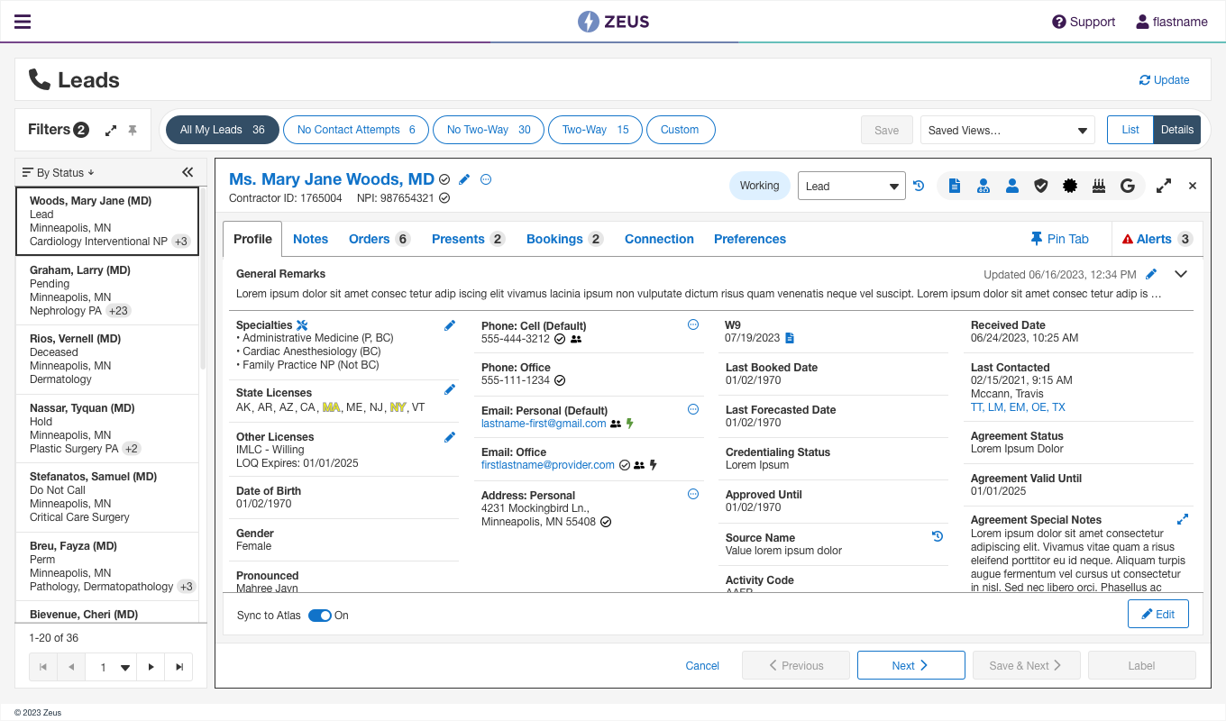 Provider profile workspace showing contact details, status, and lead information
