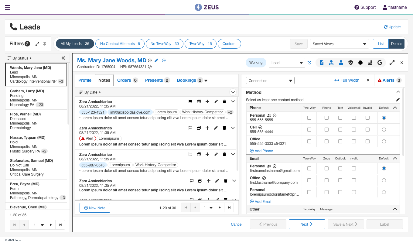 Provider profile workspace showing notes, workload, and process-tracking panels